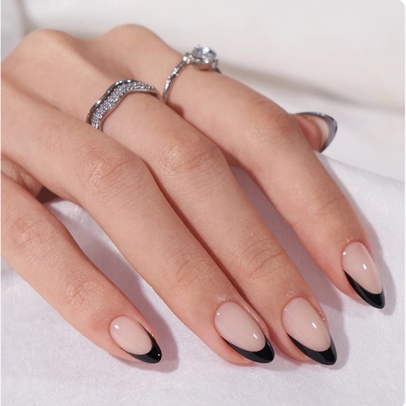 BTArtbox  Black French Drop Press On Nails Almond Shape Nude Gel Look | Soft - Picture 1 of 3